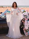 Beaded Spliced Folds Temperament Dresses For Women Square Collar Extra-Long Sleeves Patchwork Dress Female Clothing