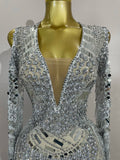 Luxury Birthday Sparkly Diamonds Sequin Tassels Long Sleeves Sheer Mini Dress Evening Party Sexy Mesh Nightclub Photo Shoot Wear