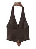Dark Brown Halter Top with Patterned Tie Detail Female Retro Chic Sleeveless Slimming Vest for Luxury Afternoon Tea