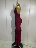 Women Evening Party Prom Gown Birthday Club Dress Sexy Backless Halter Neck Sleeveless Ruffles Pacthwork Bodycon Bandage Dress
