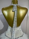 Women Sexy Mesh See Through Evening Birthday Party Dress Nightclub Stage Wear Sparkly Rhinestone Pearls Halter Backless Bodysuit