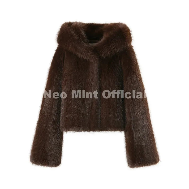 Winter 2026 Sweet Girls Pink Hooded Cropped Eco Fur Coat Women Thick Warm Fluffy Faux Fox Jackets Short Overcoat Female