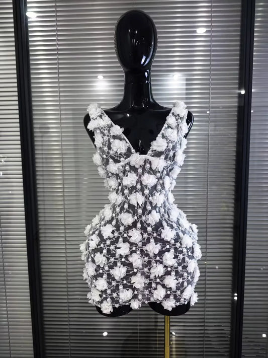 New White Women Sleeveless Sexy V-Neck Mesh See Through Florals Beading Bodycon Mini Dress Nightclub Party Celebrate Outfit