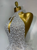 Luxury Rhinestones Pearls Halter Backless Short Feathers Dress Women Sexy Celebrate Birthday Dress Performance Dance Costume