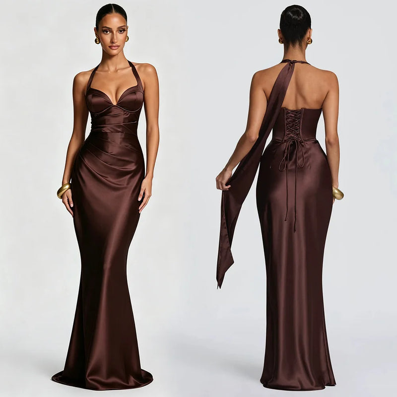 Elegant Satin Corset Long Dresses Luxury Women's Halter Backless Maxi Dress Evening Wedding Guest Party Prom Gown Brown Red 2026