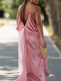 Elegant Backless Evening Dress for Women V Neck Sleeveless High Waist Patchwork Folds Loose Maxi Dresses Female New