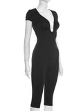 Weird Puss Irregular Low-Neck Playsuit Women Trend Wild Sexy Short Sleeve Patchwork Classic Fashion Simple Stretch Streetwear