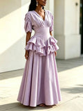 V Neck Puff Short Sleeve Maxi for Dress Women Ruched Fitted Waist Tiered Double Ruffle Hem for Summer Daily Party Occasion