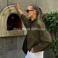 Fashion Olive Green Suede Bomber Jacket Coat Women High Street Girls Cropped Jackets Biker Outerwears