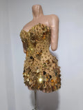 Sparkly Gold Rhinestone Sequins Sexy Strapless Mesh See Through Mini Dress Women Eveing Birthday Party Nightclub Stage Costume