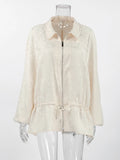Apricot Jacquard Drawstring for Women Jackets Lapel Bubble Long Sleeve Peplum Hem Zip Up Jacket for Summer Casual