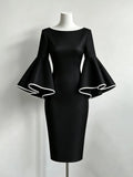 Women's Slim O-neck Midi Dress for Women Flared Sleeves Bodycon Dress 2026 Stylish Contrast Trims Elegant Party Dress