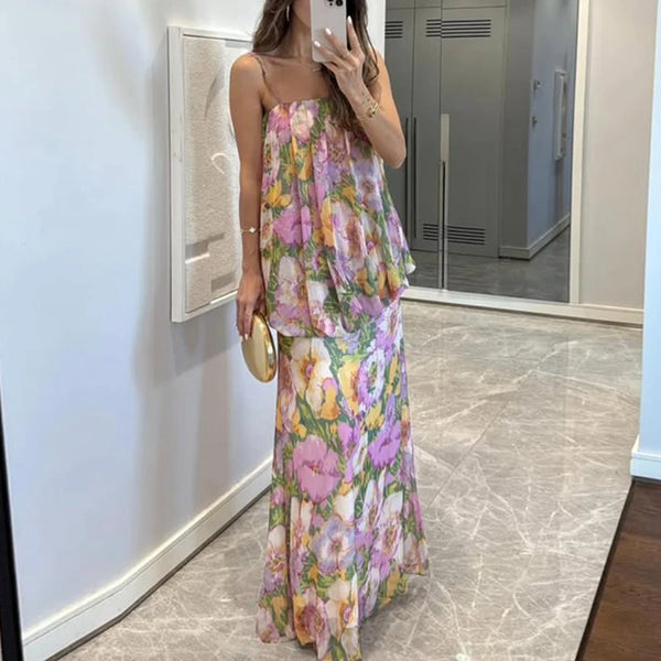 Summer Beach Floral Printing Dress for Women Strapless Sleeveless Spliced Folds Tiered Long Dresses Female Clothing