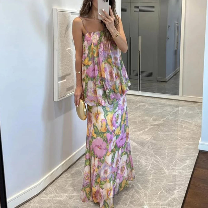 Summer Beach Floral Printing Dress for Women Strapless Sleeveless Spliced Folds Tiered Long Dresses Female Clothing