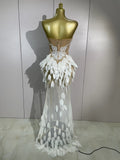 Luxury Sparkly Diamonds Pearls Strapless Mesh Maxi Dress Elegant Eveing Birthday Party Sexy Nightclub Performance Stage Costume