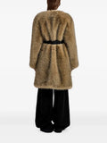 Street Crew Neck Faux Fur Midi Coat Long Sleeve Loose Winter Jacket with Adjustable Fabric Waist Belt Side Pockets for Daily
