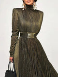 Solid Spliced Belt Slim Pleated Dresses For Women Turtleneck Long Sleeve High Waist Temperament Long Dress Female Clothes