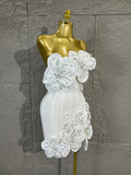 Strapless 3D Handmade Flower RhinestoneBandage Mini Dress Women Sky CorsetBodycon Short Cocktail Party Evening Dress