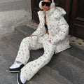 Women Floral Print Hooded Puffer Snow Suit Two Piece Outfit Thick Warm Winter Windproof Ski Jacket Wide Leg Pants Set Outdoor