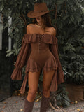 Ruffles Edge Elegant Bodysuits Dress Woman Mesh Patchwork Slash Neck Flared Sleeve Birthday Party Style Mini Bodycon