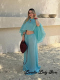 Light Turquoise Striped Batwing Crop Top Drawstring Loose Wide Pants Women Seaside Resort Casual 2 Piece Matching Party Set 2026
