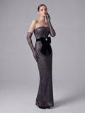 Sexy Strapless Sequin Mesh See Through Long Dress with Gloves Women Perspective Design Slim Dresses Evening Party Gowns