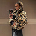 Fashion Leopard Print Ski Suit Women Stand Collar Hooded Zipper Coat Chic Slim Pants 2026 Winter Warm Casual Sport Windproof Set