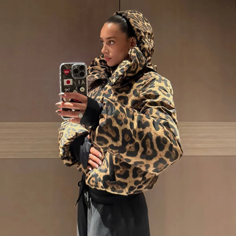 Fashion Leopard Print Ski Suit Women Stand Collar Hooded Zipper Coat Chic Slim Pants 2026 Winter Warm Casual Sport Windproof Set