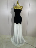 Women Elegangt Pearl Bandage Strapless TopAnd White Mesh Long Dress Two-piece Set Celebrity Evening Birthday Wedding Party Dress