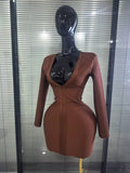 Brown Color Women Long Sleeve Sexy Deep V-Neck Bodycon Mini Bandage Dress Nightclub Party Birthday Outfit Wholesale