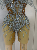 Sexy 3D Butterfly Strapless Mesh See Through Jumpsuit Sparkly Silver Diamond Eveing Party Birthday Bar Nightclub Stage Costumes
