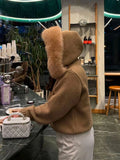 Women Hooded Knit Cardigan Sweater Coat Fluffy Faux Fur Collar Two Way Zip Solid  Loose Casual Jacket 2026 Autumn Winter