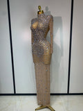 Women Sparkly Diamonds Mesh See Through Bodycon Dress Evening Birthday Party Sexy Nightclub Bar Stage Costume