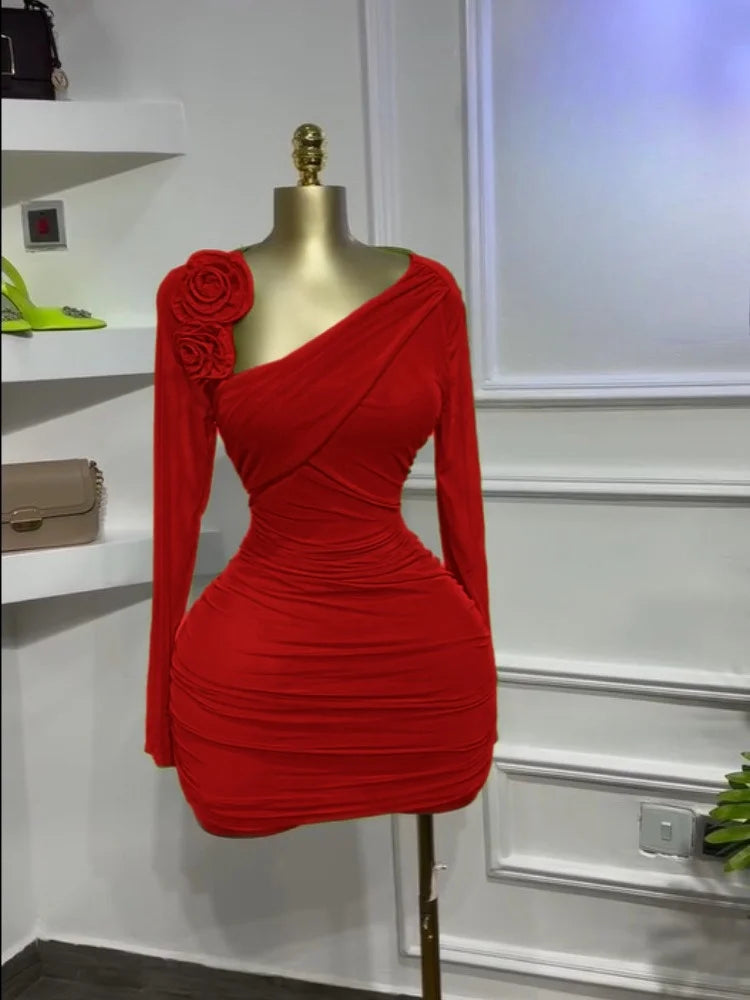 Women Long Sleeve Floral Applique Skew Collar Stacked Ruched Bodycon Midi Dress Vacation Holiday Party Birthday Dresses