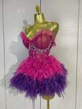 Sparkly Diamonds Mesh Sexy Top and Mini Skirt Two Piece Set Eveing Birthday Party Club Bar Performance Stage Drag Queen Costumes