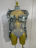 Sexy Sparkly Silver Rhinestones Sequins Mesh Stretch Bodysuit Eveing Birthday Party Nightclub Bar Singer Dancer DJ Stage Costume