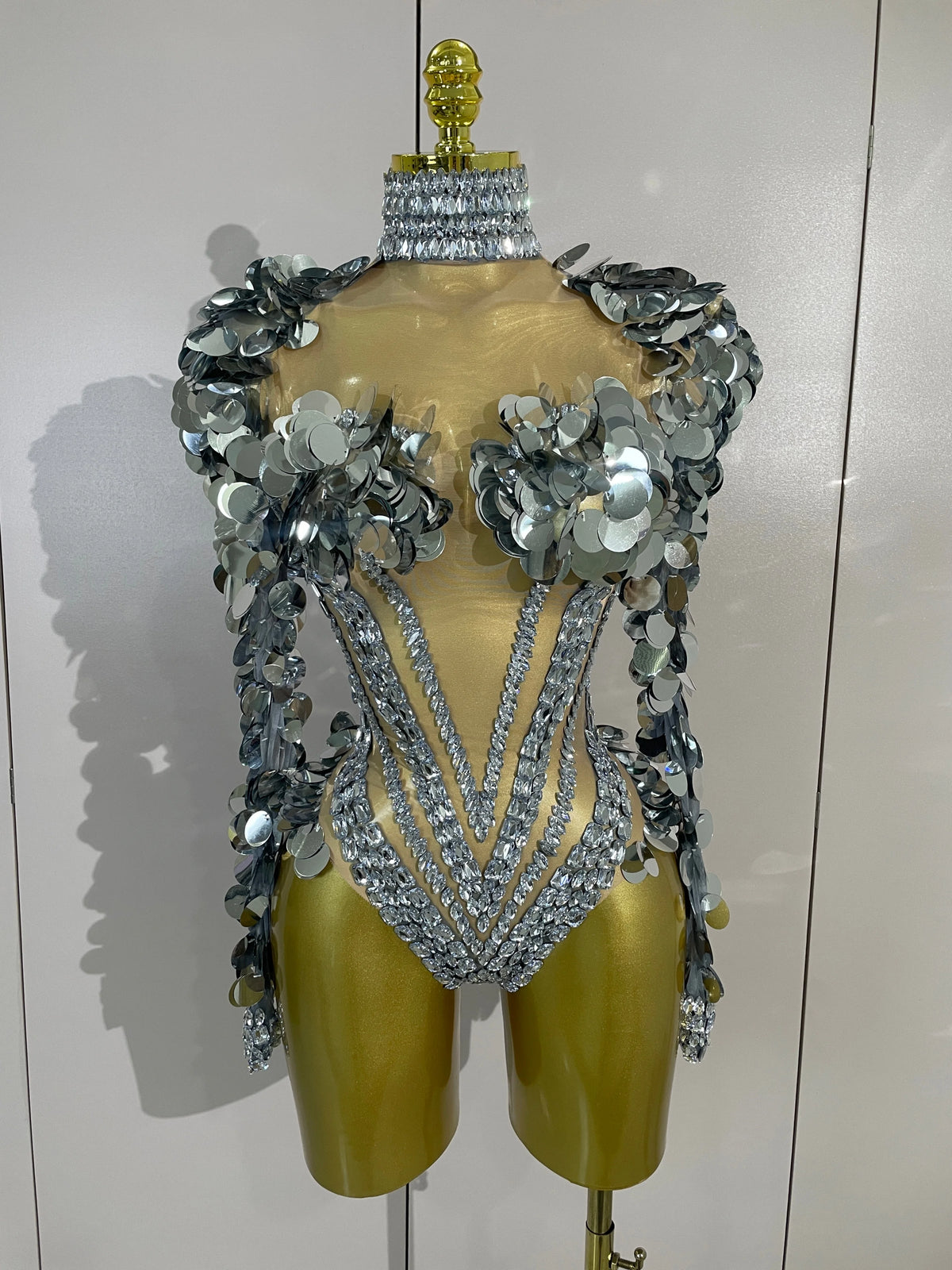 Sexy Sparkly Silver Rhinestones Sequins Mesh Stretch Bodysuit Eveing Birthday Party Nightclub Bar Singer Dancer DJ Stage Costume