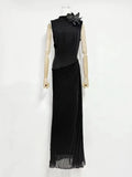 Sexy Stand Collar Flowers Pleated Patchwork Long Dress Women Sleeveless Folds Slim Elegant Dresses Evening Party Gowns