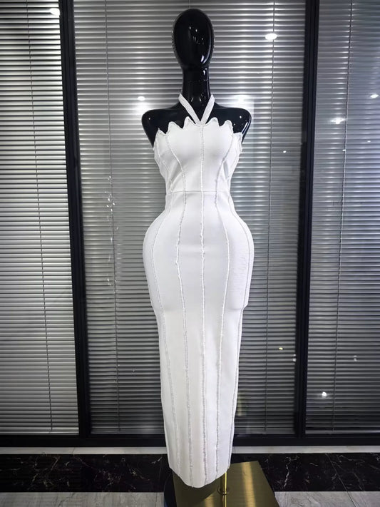 3 Colors Women Sexy Halter Off the Shoulder Pearl Beading Bodycon Long Bandage Dress Elegant Evening Party Prom Cocktail Wear