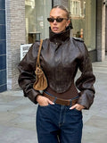 Fashion Women's Cropped Jacket Coat Faux Leather Stand Collar Long Sleeve Biker Style PU Leather Coats Streetwear Outerwear Top