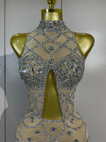 Luxury Nightclub Performance Dance Costume Nightclub Singer Stage Wear Women Sexy Shiny Crystal Feathers Hollow Out Mini Dress