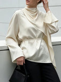 Elegant folds Women Shirts stand collar long Sleeve loose shirt for Office Business Banquet Wear Fashion autumn new