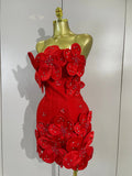 Women Elegant 3D Beaded Flower Strapless Mini Bodycon Bandage Dress Luxury Formal Party Prom Gown Birthday Wedding Guest Dresse