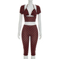 Sexy Fashion 3 Piece Set Woman Polka Dot Print Halter Bra Tops+Low-Neck Mini Sleeve Tees+Skinny Crop Pants Outfits