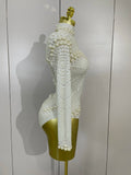 Luxury White Full Pearl Long Sleeved Stretch Bodysuit Women Birthday Evening Party Celebrate DJ Performance Nightclub Stage Wear