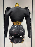 Women Long Sleeve Sequin Mini Bodycon Three Piece Set Birthday Evening Party Costume Bar Nightclub Performance Stage Outfit