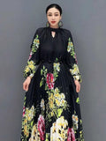 Printed Dress For Women Fashion O-neck Draped Lace Up Waist A-line Casual Vestido Robe Female Autumn