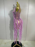 Sexy Mesh Ruffled See-Through Mini Dress Women Evening Prom Sparkly Rhinestones Birthday Party Photoshoot Nightclub Stage Wear