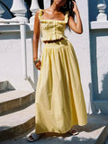 Solid Two Piece Set Dor Women Square Neck Sleeveless Top High Waist Loose Skirts Sets Female Fashion