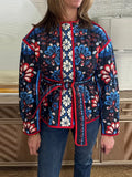 Floral Print Tie Waist Quilted Cotton Jacket  Stand Collar Loose Fit 2026 Spring Women Bohemian Vintage Daily Fashion Outerwear